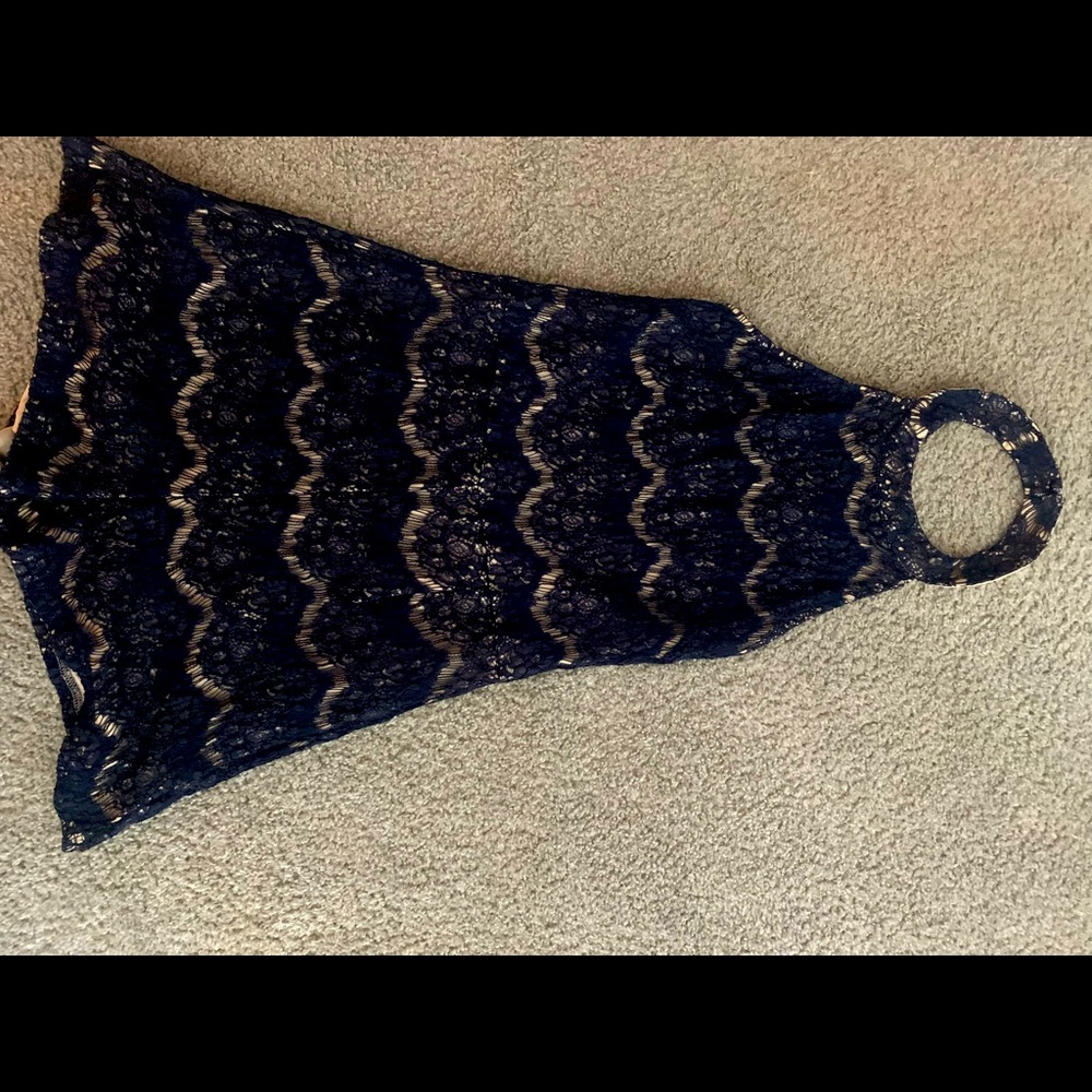 Navy Blue Lace Backless Shorts Romper